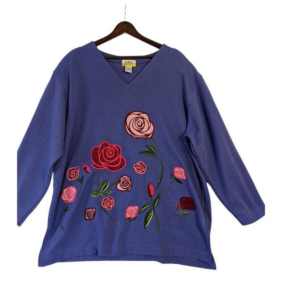 C.S.T Sport Vintage Coastal Sweatshirt Womens Floral Embroidered‎ Periwinkle 2X - Picture 1 of 7